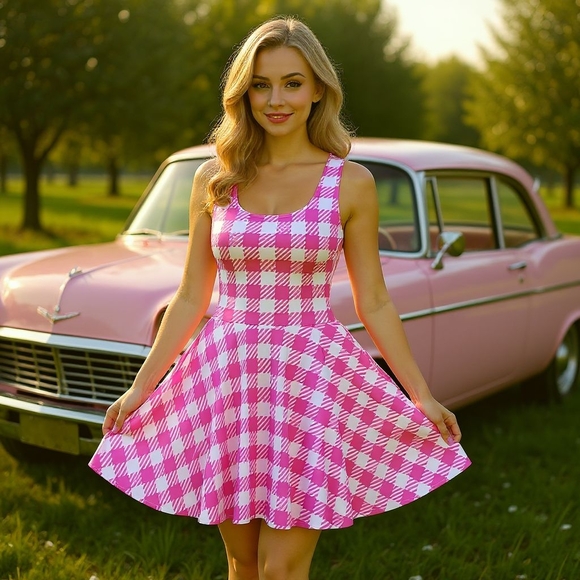 Charming Pink Gingham Skater Dress | Retro Pinup Style Fit & Flare Mini - Picture 6 of 9